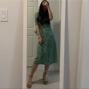 Green and white floral wrap dress, fits S or M